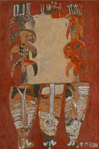 African Masks 1, an unpolished lacquer painting by Nguyen Thi Mai