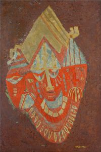 African Masks 2, an unpolished lacquer painting by Nguyen Thi Mai