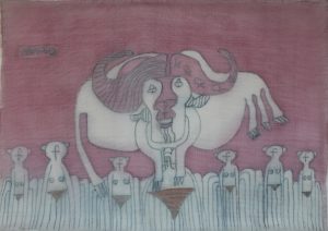 Buffalo Bull, silk painting by Nguyen Thi Mai