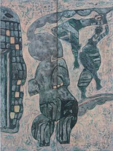 Dancing Elephant, an unpolished lacquer painting by Nguyen Thi Mai