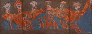 Puppet Dance 1, an unpolished lacquer painting by Nguyen Thi Mai