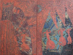World Of Women 3, an unpolished lacquer painting by Nguyen Thi Mai